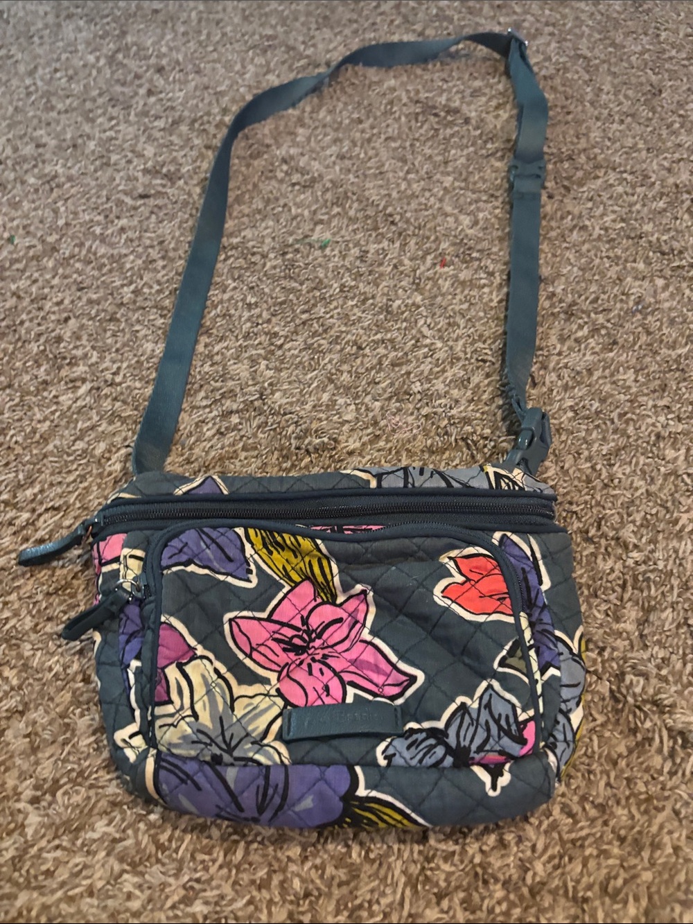 Vera Bradley Teal Quilted Floral Crossbody with Pink, Purple & Yellow Accents